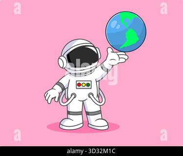 Simpatico astronauta con Earth Planet sulla sua mano illustrazione vettoriale Cartoon Design Illustrazione Vettoriale