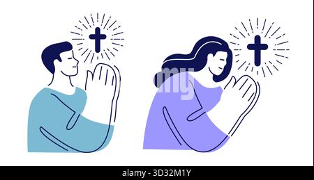 Fede e speranza, rivolgendosi a Dio. Persona con le mani aggrappata in preghiera. Meditazione spirituale, devozione religiosa, culto Illustrazione Vettoriale