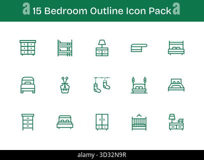 Questo set di 15 icone di contorno cattura i temi della camera da letto, perfetto per applicazioni tecnologiche e aziendali. Illustrazione Vettoriale