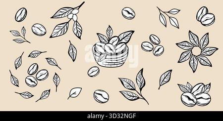 Striscione artistico minimalista della linea del caffè e del tè con tazze, chicchi, tazze e foglie su sfondo beige. Perfetto per il branding, il packaging e il design dei menu dei caffè. Illustrazione Vettoriale