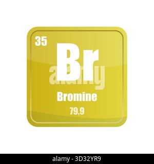 Piastrella di elementi chimici al bromo. Numero atomico trentacinque. Icona vettore segno BR. Forma quadrata giallo-verde. Illustrazione Vettoriale