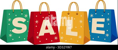 Borse colorate con lettere che formano la parola "VENDITA". Illustrazione vettoriale piatta, perfetta per promozioni natalizie, negozi online, poster, banner e materiali di marketing. Illustrazione vettoriale Illustrazione Vettoriale