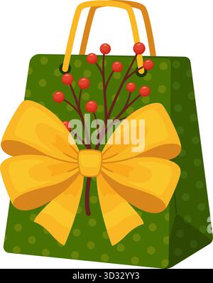 Borsa regalo verde di Natale con grande fiocco dorato e frutti di bosco rossi. motivo a pois, manici dorati. per confezioni regalo, biglietti d'auguri, design della confezione, decorazioni stagionali. Illustrazione vettoriale Illustrazione Vettoriale