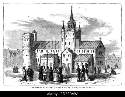 Un'incisione del XIX secolo dell'originale chiesa del priorato di St. John a Clerkenwell, Londra. In origine faceva parte del priorato medievale Foto Stock