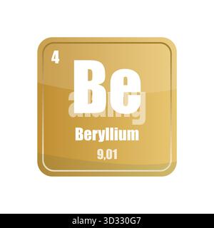 Piastrella elemento chimico al berillio. Atomico numero quattro. Icona vettore sii segno. Forma quadrata giallo-marrone. Illustrazione Vettoriale