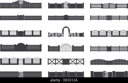 Recinzioni nere. Cancelli, recinzioni e ingressi si celano sagome isolate. Maschere per adesivi decorativi, elementi da giardino per il taglio, set vettoriale sapid origi Illustrazione Vettoriale