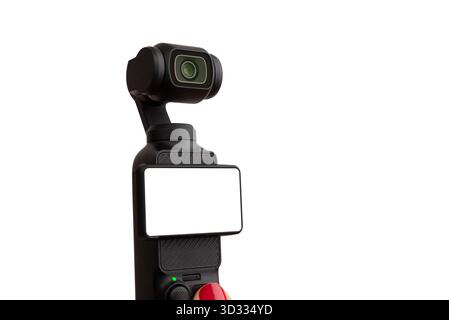 Primo piano di una fotocamera compatta con display vuoto su sfondo bianco, ideale per mockup, modelli di design e concetti tecnologici Foto Stock