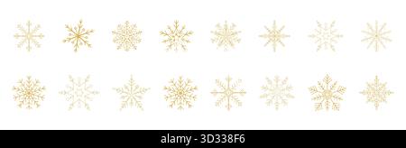 Set di fiocchi di neve, eleganti silhouette dorate di fiocchi di neve e cristalli invernali. Ornamento di linea, scintillante elemento di design per le feste. Alla moda forme di neve diverse, . Illustrazione vettoriale Illustrazione Vettoriale