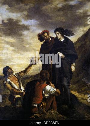 DELACROIX, EUG?ne (1798, Charenton-Saint-Maurice, 1863, Parigi) Amleto e Horatio in the Graveyard 1839 Oil on Canvas, 29,5 x 36 cm Mus?e du Louvre, Parigi Delacroix scoprì Shakespeare nel 1825 in un viaggio a Londra, dove il celebre Edmund Kean stava interpretando Riccardo III. A Parigi, l'altrettanto famoso Talma - la cui casa cittadina fu decorata da Delacroix - fece molto per rendere popolare l'opera di Shakespeare in francese. Delacroix vide Amleto a Parigi, in compagnia di Hugo, de Vigny, Dumas, Nerval e Berlioz. L'eroe shakespeariano, imperfetto, immaturo e immaturo, era perfettamente adattato a del Foto Stock