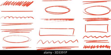 Marcatore rosso a matita con tratti di evidenziazione, cerchi ovali e linee ondulate. Illustrazione Vettoriale