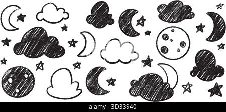 Icone del cielo notturno disegnate a mano con texture pastello: Mezzaluna e stelle, nuvole in stile gesso. Illustrazione Vettoriale