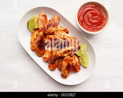 Ali di pollo marinate in salsa barbecue, un tipico spuntino americano, cibo delizioso Foto Stock
