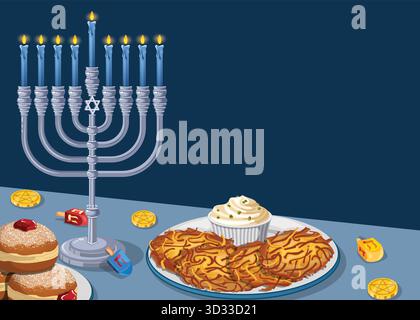 Modello alimentare di Hanukkah con spazio copiato, Lit Menorah, Latkes, Sufganiyah Doughnuts, Dreidels, e Gelts illustrazione composizione elementi tradizionali Illustrazione Vettoriale
