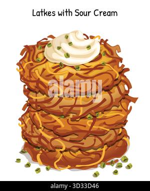 Pila isolata di latke con panna acida e guarnizione di erba cipollina. Illustrazione dei tradizionali pancake di patate Hanukkah ebraici Illustrazione Vettoriale