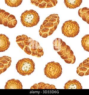 Pane intrecciato Challah e Latkes con salsa di mele e crema acida senza cuciture. Jewish Hanukkah Food background Design Illustrazione Vettoriale
