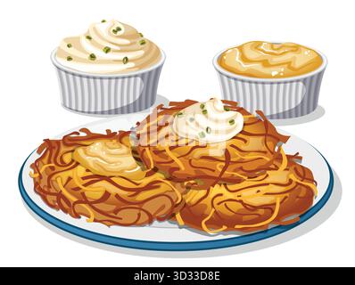 Piatto Latkes o Levivot con panna acida e salsa di mele. Illustrazione isolata dei pancake di patate di Hanukkah Illustrazione Vettoriale