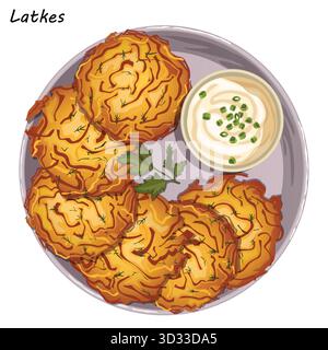 Frittelle di patate fritte di Hanukkah con panna acida in piatto Vista dall'alto illustrazione dettagliata. Jewish Fried Fritters Latkes Illustrazione Vettoriale