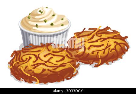 Latkes isolati con contenitore di panna acida - illustrazione dei pancake di patate fritte Hanukkah con spuntini salati Illustrazione Vettoriale
