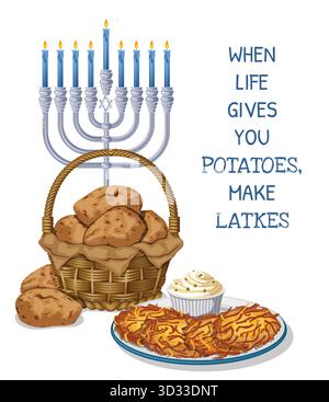 Divertente quando la vita ti dà le patate fai una citazione di Latkes Hanukkah grafica con Menorah, cesto di patate intrecciato e Latkes piatto con crema acida illustrazione Illustrazione Vettoriale