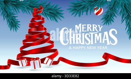 Albero di Natale a nastro rosso festivo con regali e auguri natalizi. Ideale per cartoline stagionali, banner e design. Illustrazione vettoriale. Illustrazione Vettoriale