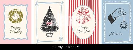 Stravaganti biglietti di Natale e Capodanno disegnati a mano. Poster con disegni a inchiostro con corona, albero delle feste, campane. Stile retro coquette Illustrazione Vettoriale