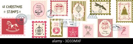 Set di stravaganti francobolli natalizi in stile sketch. Collezione di francobolli retrò disegnati a mano Illustrazione Vettoriale