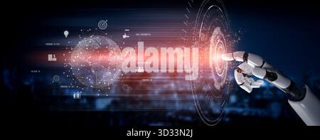 L'INTELLIGENZA ARTIFICIALE collega la rete aziendale globale, elabora lo scambio di dati, analizza le tendenze economiche e supporta l'infrastruttura digitale attraverso l'intelligenza artificiale Foto Stock