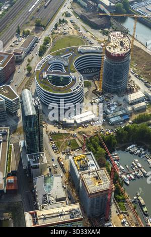 Veduta aerea del cantiere della sede della trivago all'ingresso del porto mediatico di Duesseldorf a Duesseldorf nel distretto III sulla destra Foto Stock