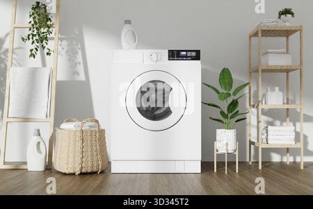 Un'elegante e moderna lavanderia con innovativi elettrodomestici con lavatrice, scaffali organizzati e arredi Foto Stock