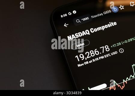 11 novembre 2024, Brasile. In questa immagine, il mercato azionario Nasdaq Composite viene visualizzato sullo schermo di uno smartphone Foto Stock