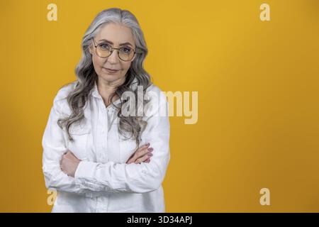 Donna d'affari anziana. Bella donna dai capelli grigi con occhiali da vista Foto Stock