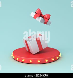 Confezione regalo vuota o confezione regalo aperta con nastro rosso e arco su piedistallo o piattaforma rossa con lampadine al neon retrò incandescenti su pastello azzurro Foto Stock
