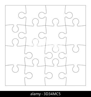 Puzzle puzzle gioco modello quadrato con angolazioni. Pezzi del puzzle. I pezzi del puzzle contornano isolato su sfondo bianco. Mockup regolabile e modificabile. Illustrazione Vettoriale