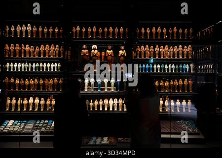 Il Cairo. 4 novembre 2025. Questa foto scattata il 4 novembre 2025 mostra le mostre presso la sala espositiva King Tutankhamon del Grand Egyptian Museum di Giza, Egitto. Il Grand Egyptian Museum (GEM), il più grande museo del mondo dedicato a una singola civiltà, è stato aperto al pubblico il martedì. Crediti: Ahmed Gomaa/Xinhua/Alamy Live News Foto Stock