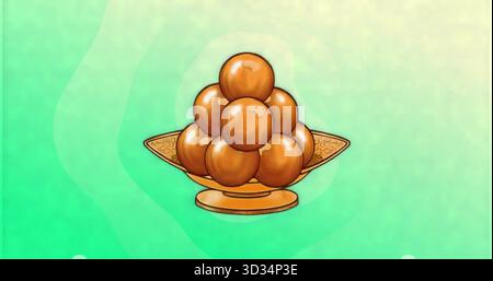 Piatto decorativo dorato con nove sfere dolci marrone lucido su sfondo gradiente Foto Stock