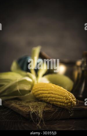 Mais intero sul piano di cottura con buccia, pronti per la cottura Foto Stock