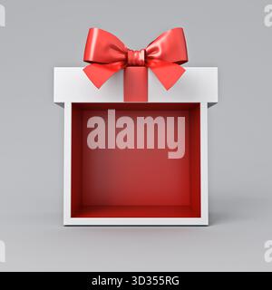 Scatola regalo vuota rossa stand espositivo stand mock-up o vetrina regalo con fiocco a nastro rosso isolato su sfondo grigio 3D rende concettuale minimale Foto Stock