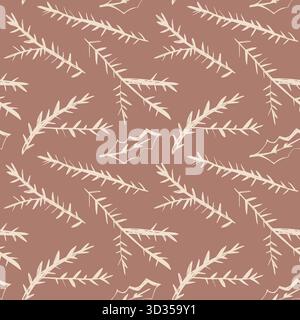 Motivo senza cuciture con rami di abete e agrifoglio su sfondo marrone caldo per un'accogliente texture invernale naturale Illustrazione Vettoriale