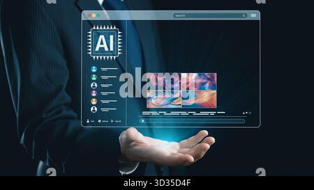 Piattaforma DI INTELLIGENZA ARTIFICIALE che genera immagini artistiche con interfaccia dinamica. I contenuti generati DALL'INTELLIGENZA artificiale vengono visualizzati nella galleria di immagini vista intelligenza artificiale. Intelligenza artificiale genrativa Foto Stock