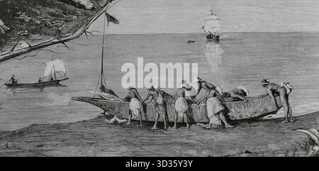 Guinea spagnola. Territorio controllato dalla Spagna dal 1778 nel Golfo di Guinea. Ha ottenuto l'indipendenza nel 1968. Il nuovo paese fu chiamato Guinea Equatoriale. Isola di Fernando Poo (oggi isola di Bioko). Provincia spagnola del Golfo di Guinea. Concepcion Bay. Bubis lancia una canoa in acqua. Disegno di E. Alvarez Dumont. Incisione di Capuz. La Ilustracion Espanola y americana (The Spanish and American Illustration), 1883. Foto Stock