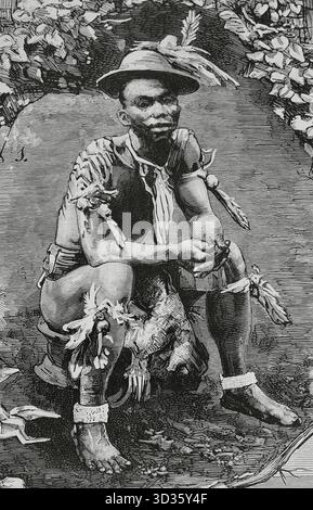 Guinea spagnola. Territorio controllato dalla Spagna dal 1778 nel Golfo di Guinea. Ha ottenuto l'indipendenza nel 1968. Il nuovo paese fu chiamato Guinea Equatoriale. Isola di Fernando Poo (oggi isola di Bioko). Provincia spagnola del Golfo di Guinea. Siova-Biahome, capo della Musola (Boloko, South Bioko, Bioko Island). Disegno di E. Alvarez Dumont. Incisione di Capuz. La Ilustracion Espanola y americana (The Spanish and American Illustration), 1883. Foto Stock