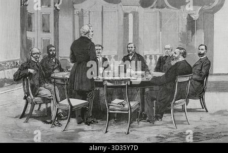 La Conferenza egiziana. Conferenza europea sugli affari dell'Egitto tenutasi a Londra nel 1884. Vertice cui hanno partecipato i rappresentanti delle maggiori potenze. Foto Stock