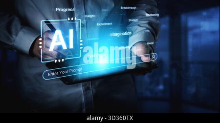 Un concetto di intelligenza artificiale cognitiva che mette in evidenza i suoi processi creativi e strategici. Il sistema utilizza immaginazione, ragionamento e ricerca per generare nuovi Foto Stock