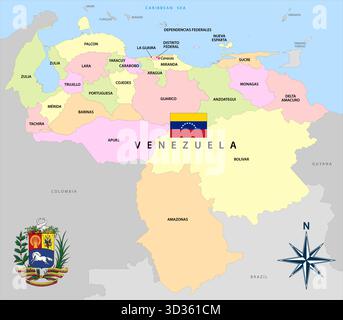 Mappa della Repubblica del Venezuela con la divisione degli stati federali, Sud america, illustrazione vettoriale Illustrazione Vettoriale