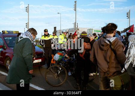 Dublino, Dublino, Irlanda. 2 novembre 2025. Marciatori che bloccano il traffico se l'M50 durante l'operazione Descent on the Port effettuata da gruppi pro Palestina a Dublino, Irlanda, il 2 novembre 2025. Il loro scopo era quello di bloccare il porto di Dublino per impedire alle compagnie di spedire merci in Israele. Il gruppo incontrò un The Point, poi scese fino all'ingresso del Terminal 1 e in seguito marciò intorno al muro est e al muro nord per terminare al loro punto di partenza. Ci si aspettavano comportamenti scorretti da entrambe le parti, dai manifestanti e da Gardai, le forze di polizia irlandesi, ma non si verificò alcun incidente. (Immagine di credito: © Annabelle Hamil/ZUMA Press W Foto Stock