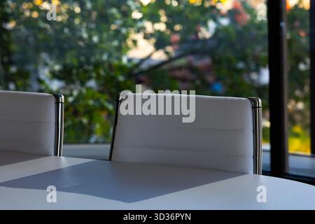 Interni moderni con una sedia bianca minimalista con dettagli cromati, sullo sfondo di un vivace fogliame visibile attraverso una grande finestra. Foto Stock