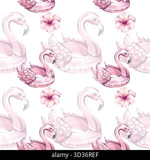 Atmosfera estiva con un motivo senza cuciture di galleggianti flamingo e fiori tropicali per il design dello sfondo e della carta da parati, perfetto per i temi delle vacanze e. Illustrazione Vettoriale