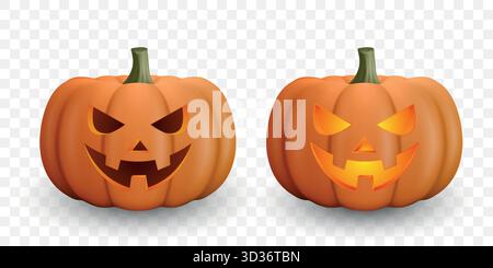 Zucche di Halloween realistiche in 3d vettoriali con facce intagliate, isolate. Due Lanterne Jack o illuminate di luce arancione. Divertenti zucche spaventose per Halloween Illustrazione Vettoriale