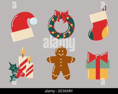 Decorazioni piatte natalizie disegnate a mano con cappello di Babbo Natale, corona, candele e pan di zenzero. Illustrazione isolata vettoriale. Illustrazione Vettoriale