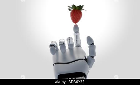 Un'illustrazione 3d del dito indice della mano robotica che punta sulla fragola galleggiante sopra di essa, simboleggia una miscela di tecnologia e natura Foto Stock